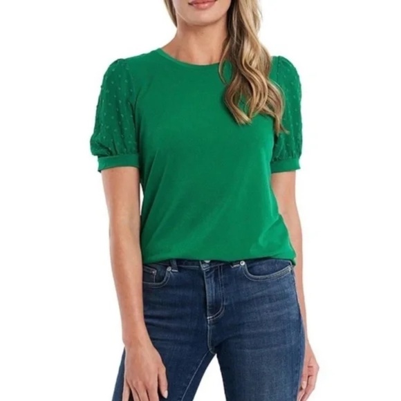 CeCe Green Blouse Stretch Top Sheer Short Puff Sleeve, Size M - Picture 1 of 8